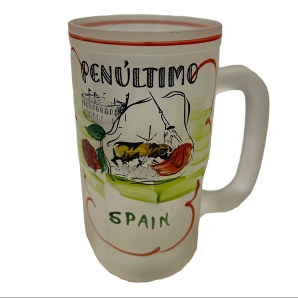 HAZEL ATLAS Vintage Gay Fad Frosted Glass Beer Mug Hand Painted Penultimo Spain